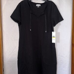 NWT Calvin Klein Women's Dress Medium Black Short SLV V‑Neck Drawstring Pockets